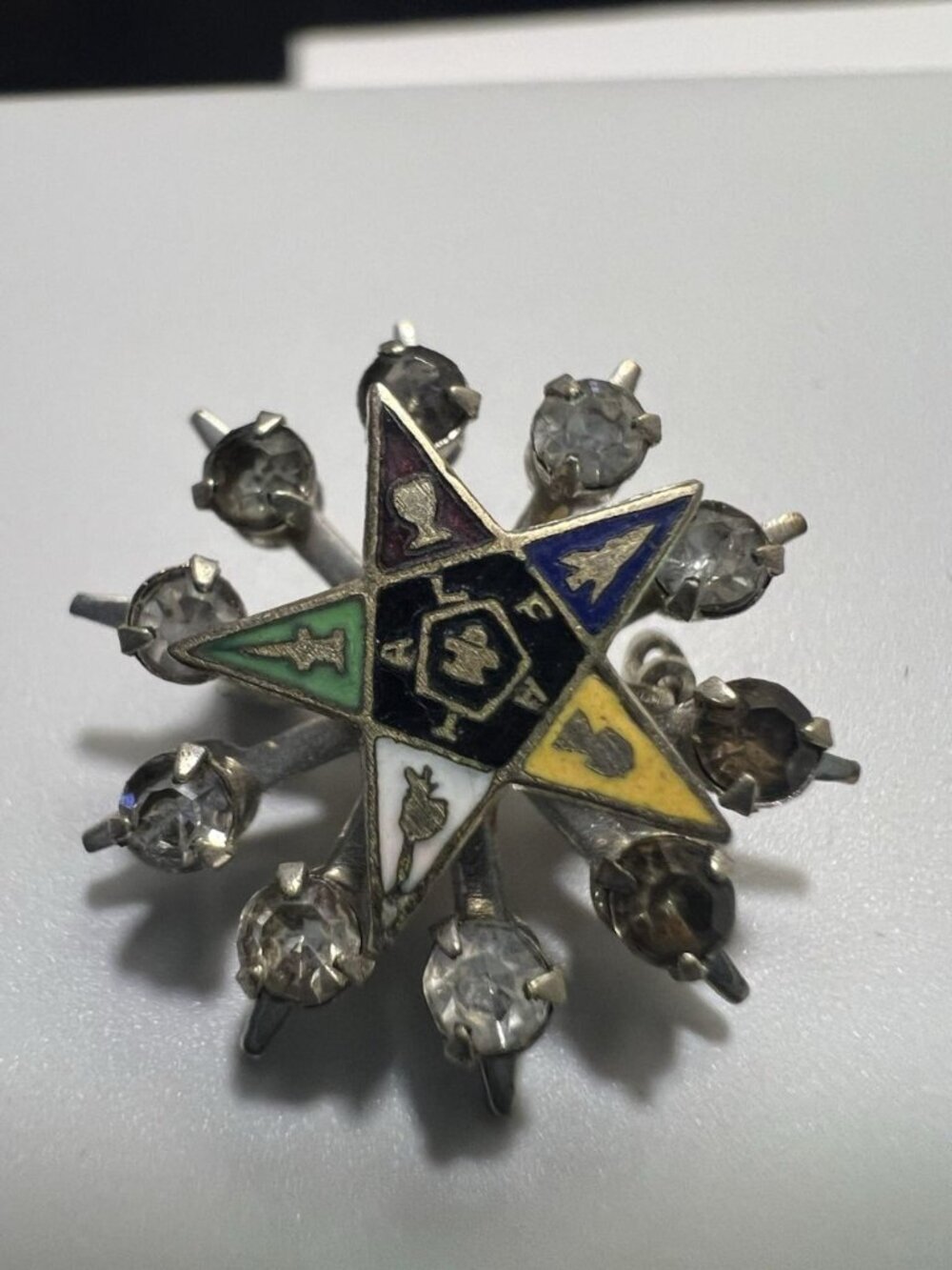 Vintage Eastern Star Brooch Rhinestone Enamel OES Masonic Pin 3/4” 1950's Era